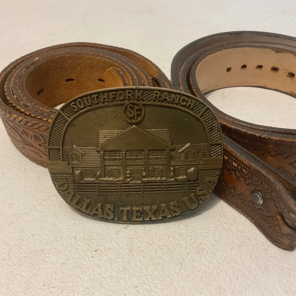Vintage 1985 Southfork Ranch Dallas Texas Belt Buckle & 2 Leather Belt's